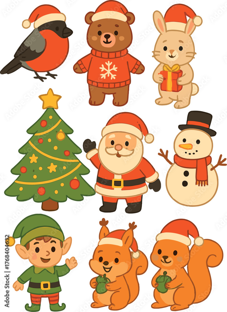Fototapeta premium Cartoon characters for Christmas: a bullfinch, a bear, a rabbit, a penguin, Santa Claus, a snowman, an elf, a squirrel, and a holiday tree vector, all isolated objects for design