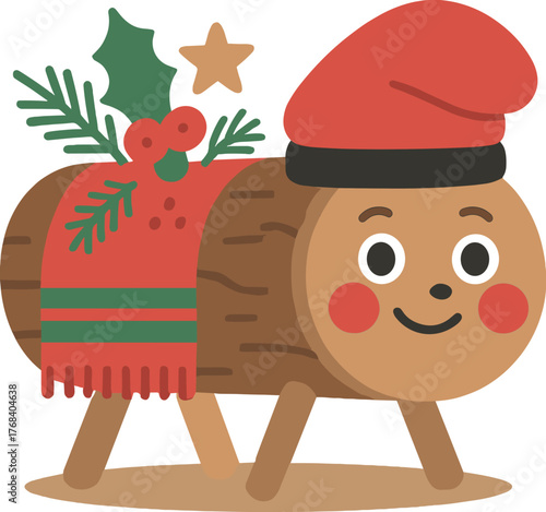 El tió de Navidad, con fondo blanco y marrón, arroja regalos; ¡Felicitaciones navideñas! El tronco está decorado para la temporada