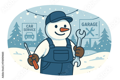 A snowman dressed as a mechanic in overalls, clutching a wrench and screwdriver, stands amid a winter landscape illuminated by lights, with postcards, a car service garage, and repair work