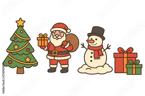 Decorations for a Christmas tree, Santa Claus carrying gifts, a snowman in the snow, and Christmas gift boxes
