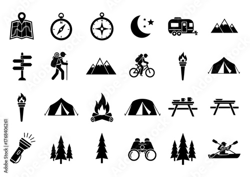 Camping and outdoor recreation icon set featuring map, compass, moon, camper, mountains, signpost, hiker, cyclist