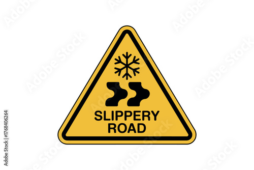 A yellow triangular warning sign indicates a slippery road with snow.