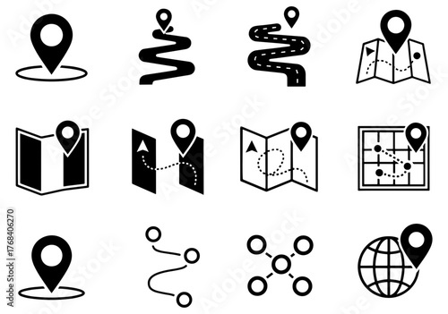 Map and location icons representing navigation, direction, and geographic positioning for travel
