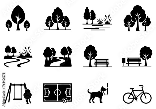 Park and recreation icons representing outdoor activities, nature, and community spaces for leisure
