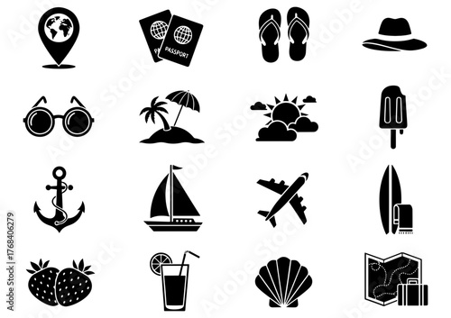 Set of summer vacation and travel icons, featuring beach, passport, and various travel elements