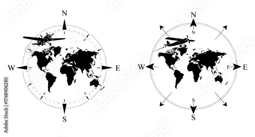 World map with airplane and compass rose, symbolizing global travel and navigation