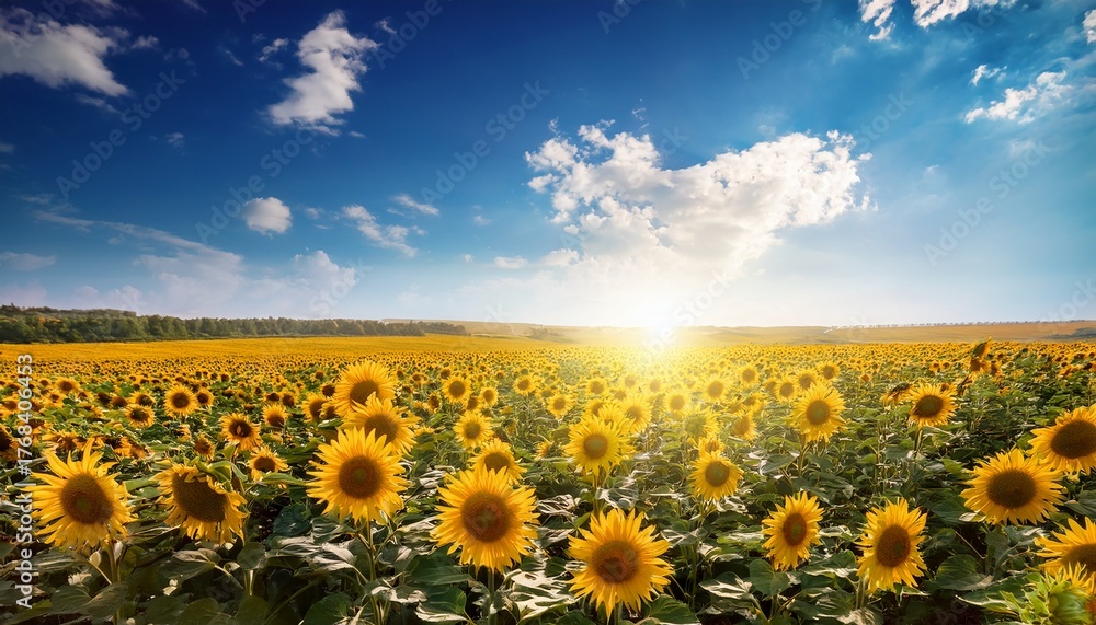 Obraz premium sunflower field under bright blue sky with sunlight
