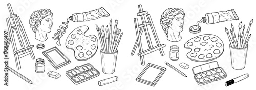 Artistic tools and supplies sketch, including easel, palette, brushes, paints, and sculpture