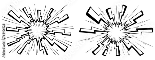 Hand drawn doodle elements set of sketch symbols, lightning, explosion, burst, bang, flash