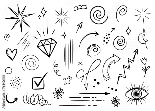 Collection of hand drawn stars, arrows, swirls, and other decorative elements