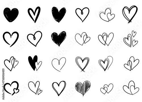 Collection of hand drawn hearts, love symbols, and other decorative elements
