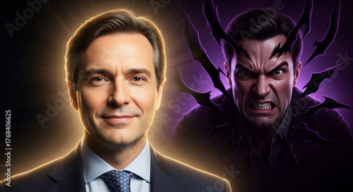 Two men, one man is a good angel and the other is screaming evil with a bad aura.