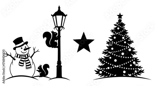 Christmas set with snowman, squirrels, star, street lamp and christmas tree vector illustration