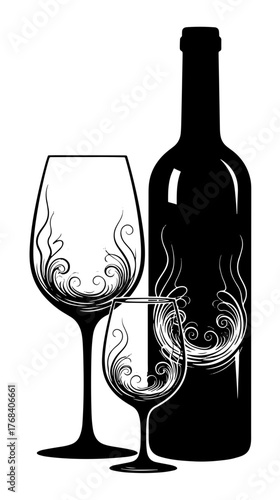 Elegant wine bottle and glasses with intricate designs offer a touch of sophistication and charm for any occasion