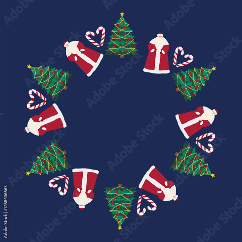 Winter Christmas round frame with Santa Claus, New Year trees, and festive candy canes. Round frame with winter holiday elements. Vector illustration on a red background.