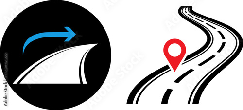 Road map direction shows location icon with blue arrow in simple illustration on black background