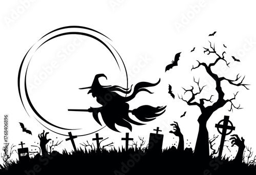 Halloween poster with horror elements: full moon, cemetery, grave, cross, zombie hands, bats, witch flies on broomstick. Vector on transparent background
