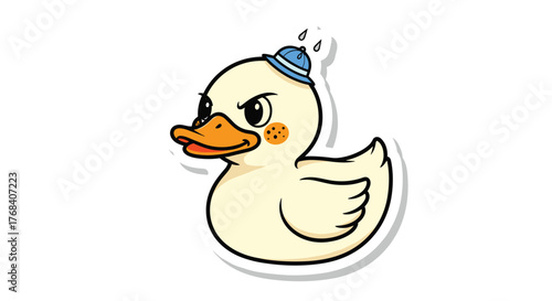 Cartoon illustration of an angry yellow duck wearing a blue hat with raindrops.