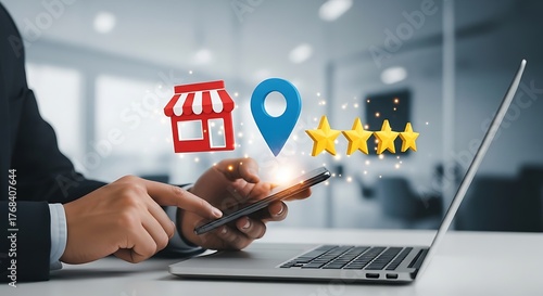 Digital Business Strategy Entrepreneur Interacts with Mobile Device Displaying Virtual Shop, Map Pin, and Star Rating Icons for Enhanced Online Presence and Local SEO
