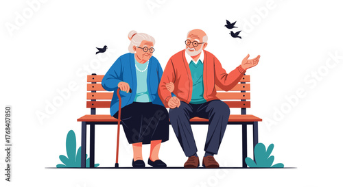 Elderly couple sitting on a park bench, enjoying each other's company.