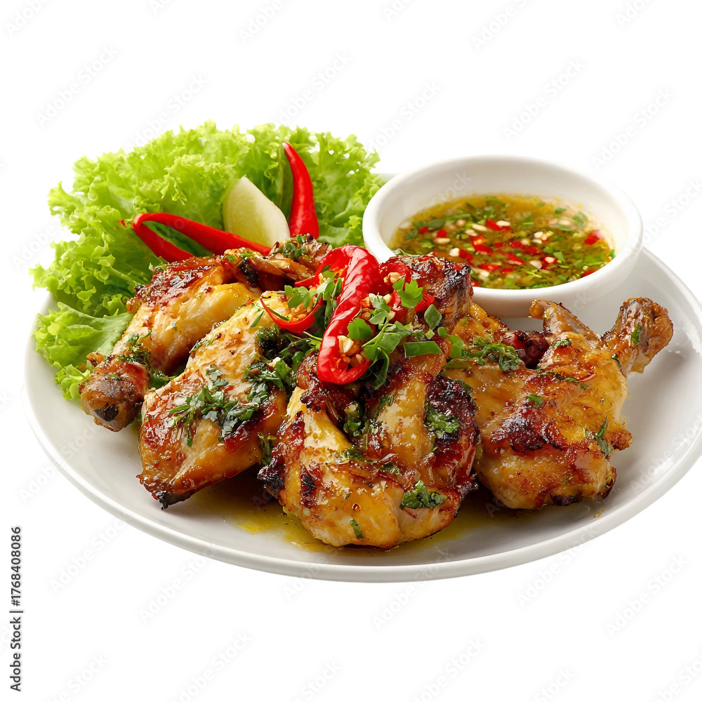 Fototapeta premium Gai Yang Grilled Chicken On White Plate, Thai Dish isolated on with white background(1)