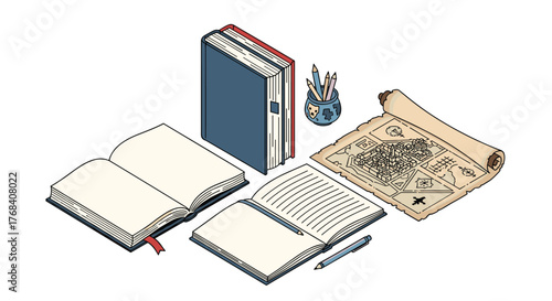 Isometric scene of a desk with open books, a closed book, pens, and a rolled-up map.