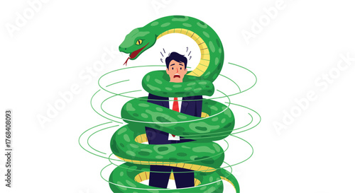 A businessman is wrapped tightly by a large green snake, looking distressed.