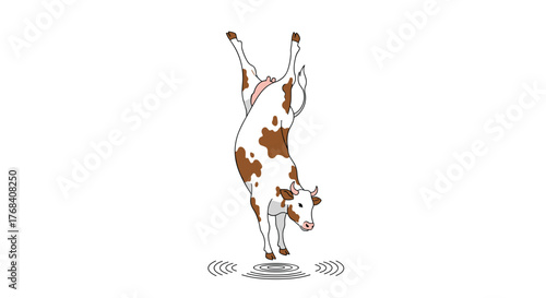 A cartoon cow performing a handstand with ripples in the water below.