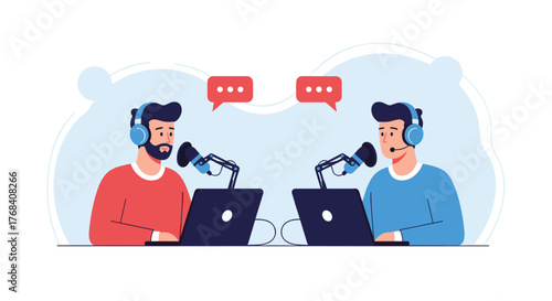 Two men wearing headphones and using microphones to record a podcast together.