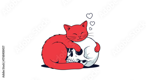 A red cat lovingly hugs a white skull with hearts floating above its head.