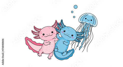 Two cute cartoon axolotls, one pink and one blue, swimming with a smiling blue jellyfish.