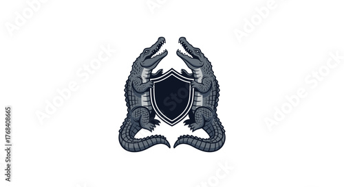 Two crocodiles stand guard on either side of a dark shield, symbolizing strength and protection.