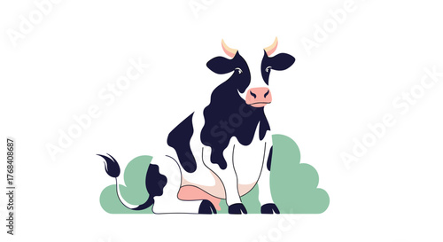 Whimsical illustration of a black and white cow sitting down on a light green grassy patch.