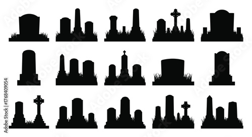 Collection of various tombstone silhouettes set against a white background.