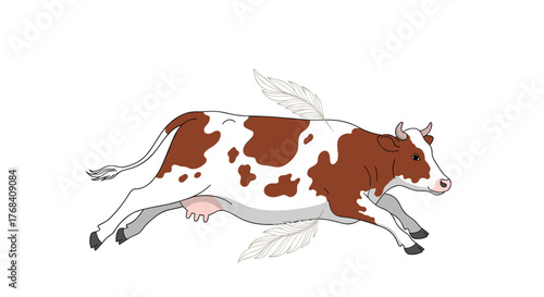 A brown and white spotted cow with feathery wings is running across a white background.