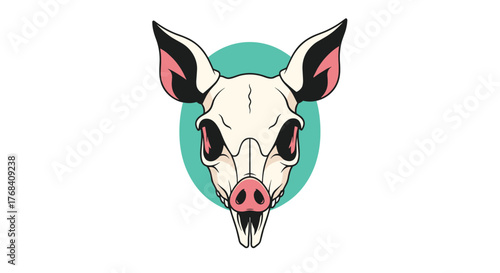 Stylized illustration of a pale pig skull with large ears and pink accents against a teal circle.