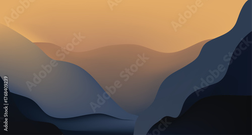 Abstract landscape with rolling hills and valleys rendered in a gradient of deep blues and warm golden hues, evoking a sense of serene natural beauty and atmospheric depth