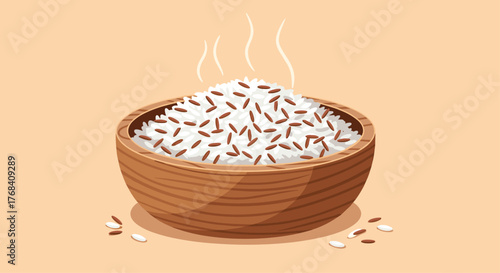 Illustration of a wooden bowl filled with steaming rice and scattered grains on a peach background.