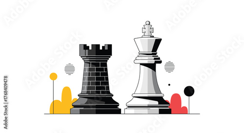 A black rook and a white king chess pieces stand side by side on a white background with abstract decorations.
