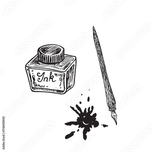 Black ink bottle, ink pen and stain, doodle black ink drawing, woodcut vector