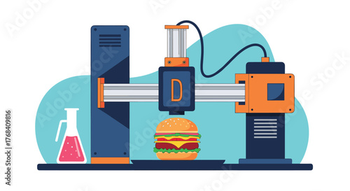 3D food printer creating a burger with a beaker of pink liquid nearby.