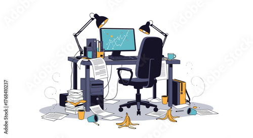 Messy and cluttered office desk with a computer, papers scattered, and banana peels on the floor.