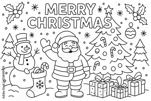 cute santa claus with snowman and christmas tree black and white coloring page for kids