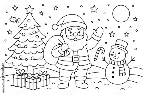 christmas coloring page with santa claus snowman christmas tree and gift boxes line art illustration