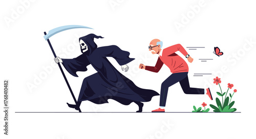 Grim reaper chasing an elderly man running away with a butterfly in the background.