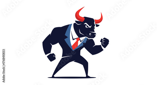 A powerful cartoon bull in a suit and tie stands with fists clenched, symbolizing financial strength and aggression.