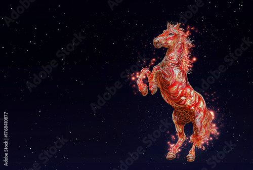 Illustration of night starry sky with Red Fiery Horse symbolizing strength and vitality for 2026