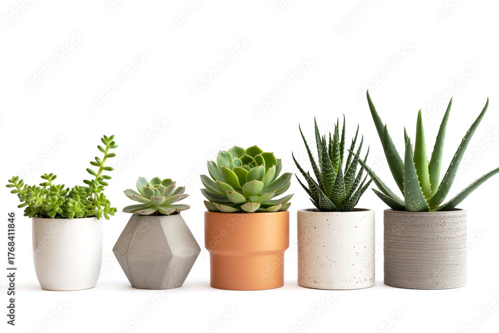 Obraz premium A product photography layout of five potted succulent plants arranged in a horizontal line against a pure white background.