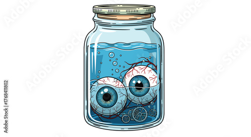 A glass jar filled with blue liquid and two eyeballs with blue irises, surrounded by mechanical gears.