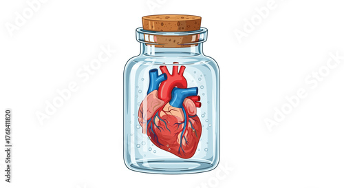 A stylized illustration of a human heart preserved in a glass jar with a cork stopper.